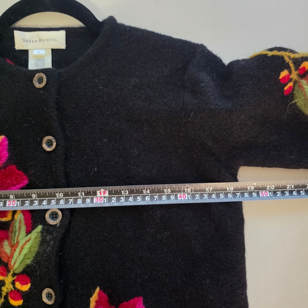 Susan Bristol Cardigan Women L Black Floral Hand Embroidered Boiled Wool Sweater - Picture 4 of 6